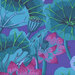 Close up of Fabric with bright teal lotus pods and lily pads with magenta lotus flowers on an indigo background.