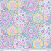 Fabric featuring vibrant multicolor kaleidoscopic abstract designs, shaped around circles.