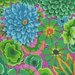close up of Fabric featuring vibrant green, teal, and yellow flowers over a magenta purple background