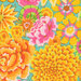 close up image of Fabric featuring vibrant pink and yellow flowers over a teal blue background