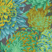 close up of Fabric featuring vibrant green, blue, and teal chrysanthemums over a warm gray background