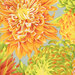 close up of Fabric featuring vibrant green, yellow, and vermillion chrysanthemums over a light sage background