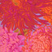 close up of Fabric featuring vibrant pink, magenta, and vermillion chrysanthemums over a light purple background