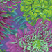 close up of Fabric featuring vibrant purple, green, and teal chrysanthemums over an indigo background