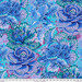 Fabric featuring vibrant blue, teal, and purple bunches of full kale