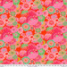 Fabric featuring multicolor modern florals on a tomato red background.
