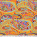 Fabric featuring multicolor modern paisley designs on a tangerine orange background.