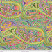 Fabric featuring multicolor modern paisley designs on a grass green background.