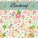 A swatch of white fabric covered in a multicolor floral and leaf design with tossed strawberries. A banner at the top reads 