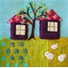 A close up of one of the blocks, showing two houses separated by a hand embroidered tree. Flowers and sheep can be seen in the yard.