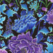 close up of fabric panel featuring blue and purple florals on a black background