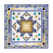 The completed Medallion quilt in blue, teal, and gold from the Jaikumari collection, isolated on a white background.