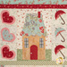 A close up on one of the blocks, showing fabric and stitching detail on a teal-roof cottage surrounded by hearts and umbrellas.