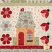 A close up on one of the blocks, showing fabric and stitching detail on a teal-roof cottage, surrounded by hearts and ladybugs.