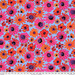 Periwinkle fabric with bright, varying tossed orange and red florals.