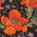 close up image of Black fabric with large orange florals, small purple florals, and sprawling loden green vines.