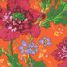 close up image of Orange fabric with large red florals, small periwinkle florals, and sprawling green vines.
