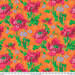 Orange fabric with large red florals, small periwinkle florals, and sprawling green vines.