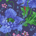 close up image of Navy blue fabric with large cornflower blue florals, small pink florals, and sprawling green vines.