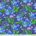 Navy blue fabric with large cornflower blue florals, small pink florals, and sprawling green vines.