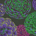 Up close of Dark green fabric featuring ornamental plants in green, purple, and magenta.
