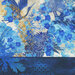 8x8 close-up swatch of thick blue border stripe fabric featuring branches, cranes, flowers, and paper fans in tonal blues, aquas, and yellows