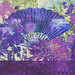 8x8 close-up swatch of thick purple border stripe fabric featuring branches, cranes, flowers, and paper fans in tonal purples, blues, and greens