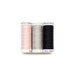 Three spools of thread in baby pink, grey, and black, isolated on a white background.
