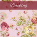 Image of fabric featuring large pink roses, leaves, and tiny beige wildflowers on a light pink background with a dark red banner at the top that reads 