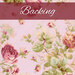 Image of fabric featuring large pink roses, leaves, and tiny beige wildflowers on a light pink background with a dark red banner at the top that reads 