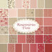 Collage of fabrics in Rouenneries Trois FE Set in red, pink, gray, and cream