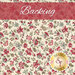 Cream fabric with a pattern of tossed red, pink, and teal florals with green leaves and vines. A raspberry-red banner reads 
