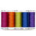 5 spools of thread against a white background including plum, orange, green, blue, and purple