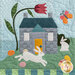 A close up of a fabric block featuring applique bunnies and easter eggs, a large rose, butterfly, and small cottage