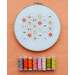 One of the featured projects, a hand embroidered project on a hoop, staged with 8 spools of coordinating thread.