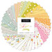 A spiraled collage of green, yellow, pink, white, and light blue fabrics in the Shine Charm Pack