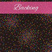 A black fabric with scattered bursts of small rainbow confetti squares with black dots in the center. A pink banner at the top reads 