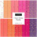 Collage of fabrics in I Heart Ombre Metallic Dessert Roll featuring metallic hearts on pink, red, orange and purple fabrics