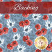 A swatch of dusty blue fabric with tossed white cone flowers and red flowers. A burgundy banner at the top reads 