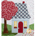 A close up on a block featuring a light blue house with a plaid roof beside a red tree.