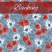 A swatch of dusty blue fabric with tossed white cone flowers and red flowers. A burgundy banner at the top reads 