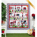 The completed Welcome Home In Summer quilt, colored in gentle red, white, and blue. The quilt is hung on a white paneled wall and staged with coordinating greenery and decor. A yellow banner in the top right corner reads 
