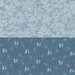 Split fabric pattern in shades of blue: left features intricate floral designs, right has small white flowers and dots.