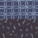 Fabric design split into two halves: left features circular patterns in blue and white, right showcases flying birds on a dark background.