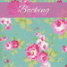 Swatch of a bright aqua fabric with tossed pink roses and green leaves. A pink banner at the top reads 