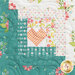 A close up on a teal and white log cabin block with an orange gingham heart at the center, showing fabric and stitching details.