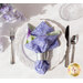 One of the Bloomerang napkins staged on a dining set. The periwinkle lilac print side is largely visible with a little of the pastel green print peeking out. 