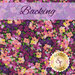 A swatch of dark purple fabric, packed with textured painted flowers in warm tones. A purple banner at the top reads 