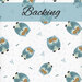 White fabric with tossed stylized and sleeping blue owls. A blue banner at the top reads 