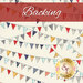 Graphic of the backing fabric, included with the Frolic kit. A swatch of cream fabric featuring strings of multicolor bunting. A red banner at the top reads 